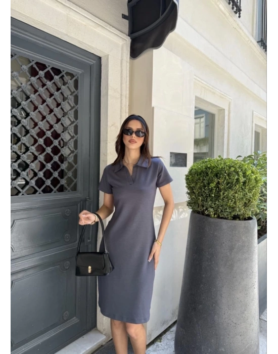 Osy odal Yumuşak Dokulu Kumaş Yakalı Kısa Kollu Elbise  Füme