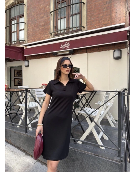 Osy odal Yumuşak Dokulu Kumaş Yakalı Kısa Kollu Elbise  iyah