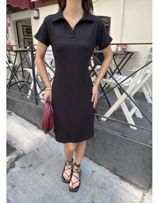 Osy odal Yumuşak Dokulu Kumaş Yakalı Kısa Kollu Elbise  iyah