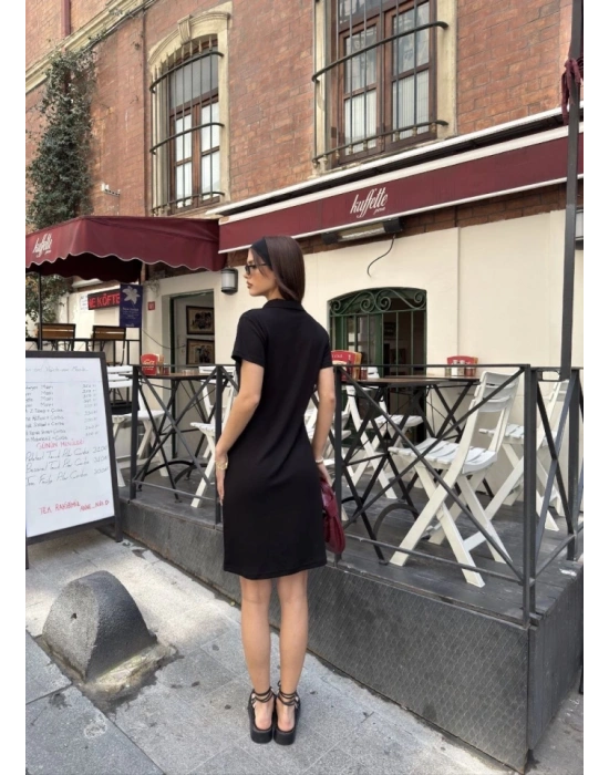 Osy odal Yumuşak Dokulu Kumaş Yakalı Kısa Kollu Elbise  iyah