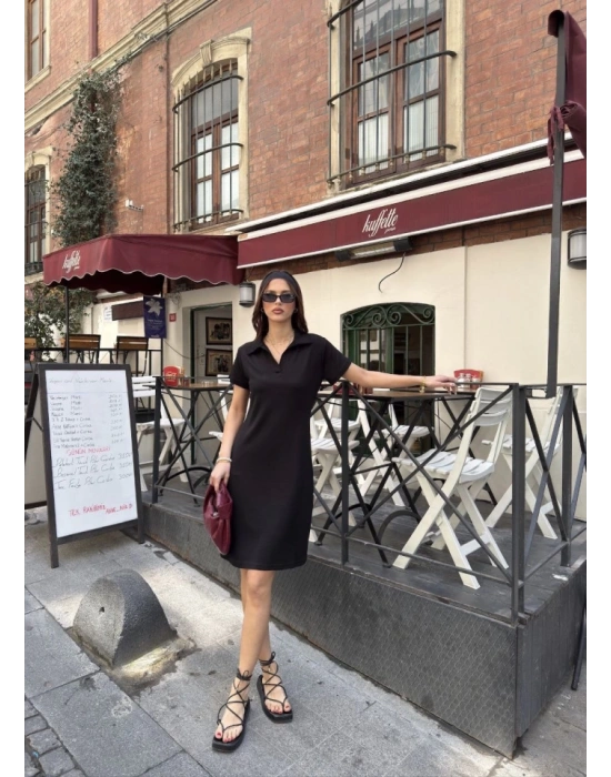 Osy odal Yumuşak Dokulu Kumaş Yakalı Kısa Kollu Elbise  iyah