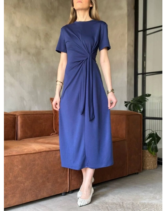 Osy odal Yumuşak Dokulu Kumaş Yandan Bağlamalı Elbise  acivert