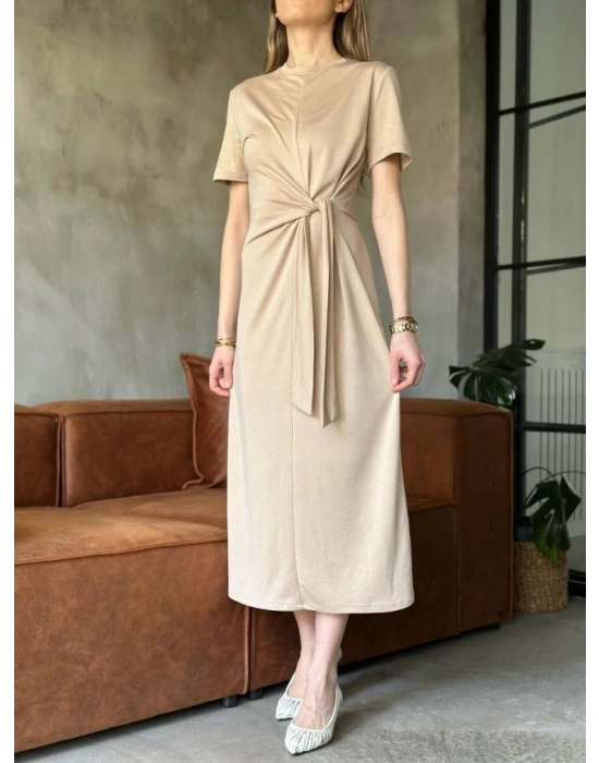 Osy odal Yumuşak Dokulu Kumaş Yandan Bağlamalı Elbise  Bej