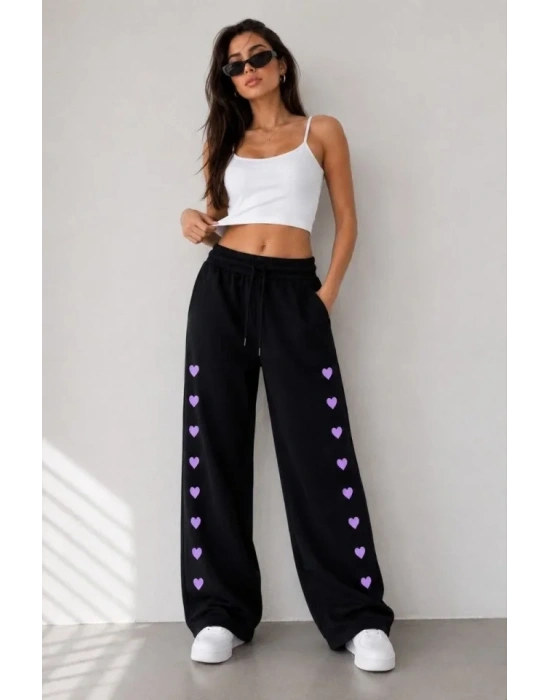 Osy odal Yumuşak Dokulu Nakışlı Cepli Oversize Bol Paça Eşofman Altı  iyah