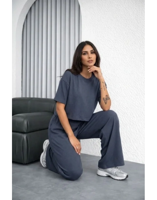 Osy odal Yumuşak Dokulu Şalaş Oversize İkili Takım Bol Paça Pantolonlu Rahat Günlük Takım  Füme