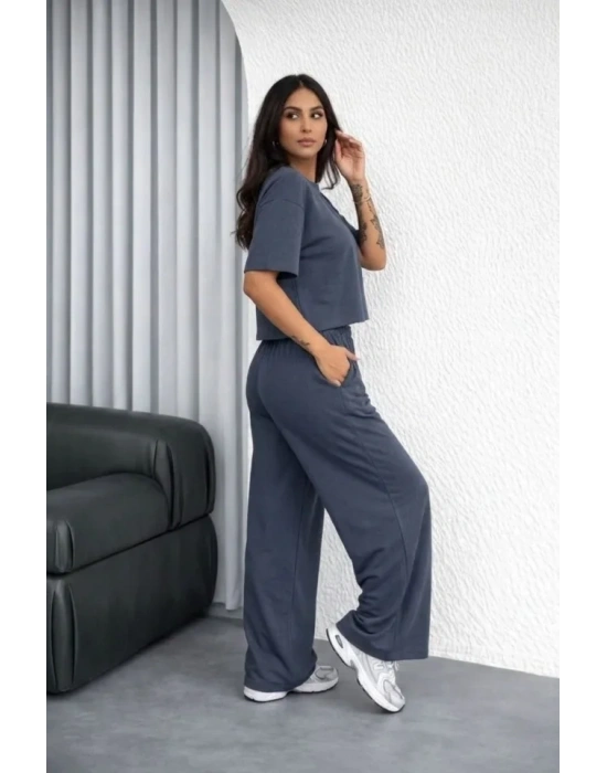 Osy odal Yumuşak Dokulu Şalaş Oversize İkili Takım Bol Paça Pantolonlu Rahat Günlük Takım  Füme