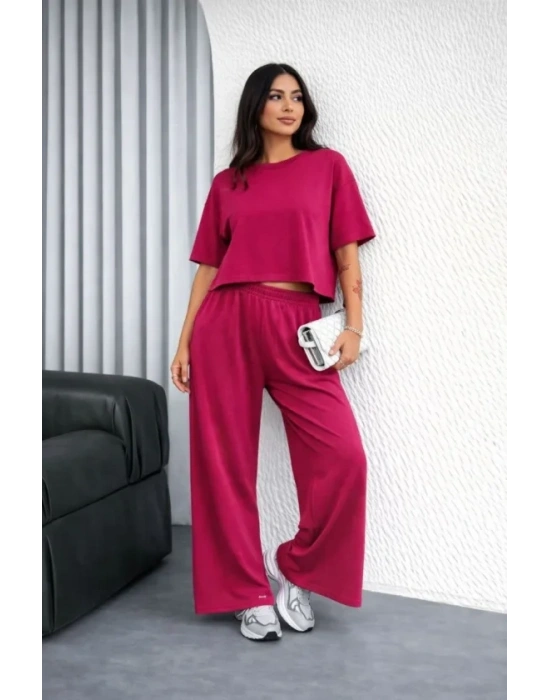 Osy odal Yumuşak Dokulu Şalaş Oversize İkili Takım Bol Paça Pantolonlu Rahat Günlük Takım  Fuşya