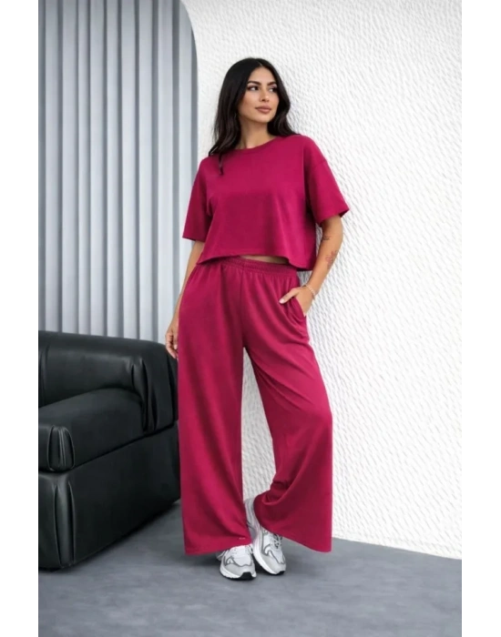 Osy odal Yumuşak Dokulu Şalaş Oversize İkili Takım Bol Paça Pantolonlu Rahat Günlük Takım  Fuşya