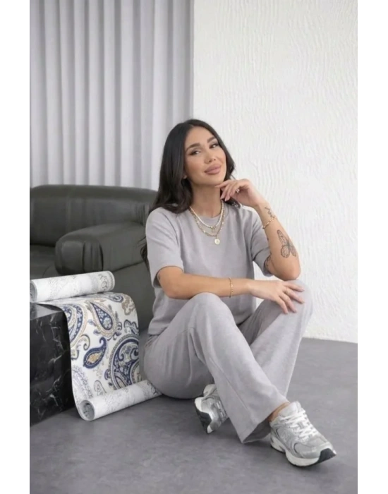 Osy odal Yumuşak Dokulu Şalaş Oversize İkili Takım Bol Paça Pantolonlu Rahat Günlük Takım  Gri