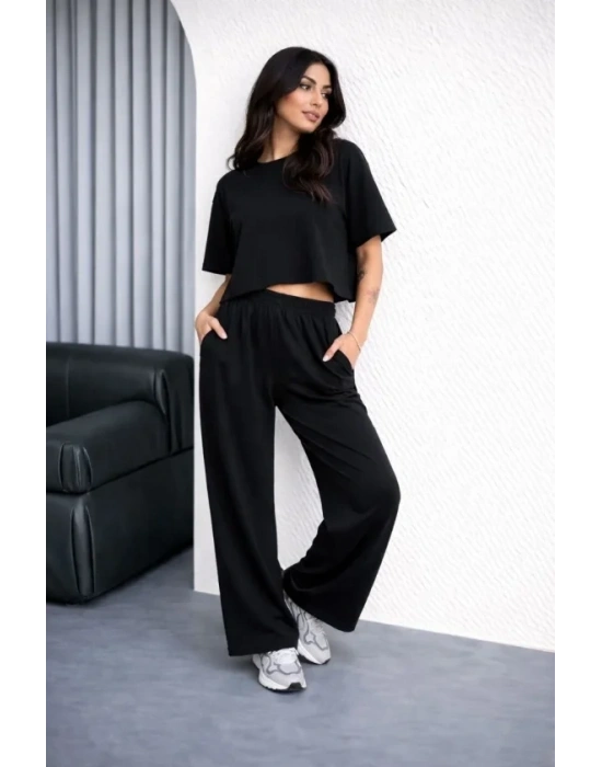 Osy odal Yumuşak Dokulu Şalaş Oversize İkili Takım Bol Paça Pantolonlu Rahat Günlük Takım  iyah