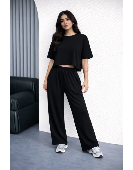 Osy odal Yumuşak Dokulu Şalaş Oversize İkili Takım Bol Paça Pantolonlu Rahat Günlük Takım  iyah