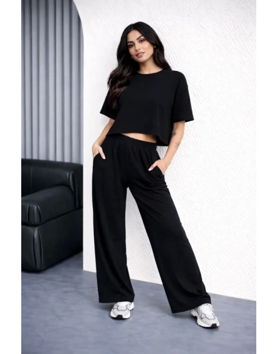 Osy odal Yumuşak Dokulu Şalaş Oversize İkili Takım Bol Paça Pantolonlu Rahat Günlük Takım  iyah