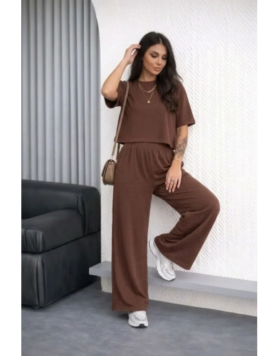 Osy odal Yumuşak Dokulu Şalaş Oversize İkili Takım Bol Paça Pantolonlu Rahat Günlük Takım  Kahverengi
