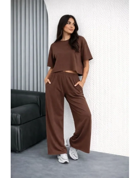 Osy odal Yumuşak Dokulu Şalaş Oversize İkili Takım Bol Paça Pantolonlu Rahat Günlük Takım  Kahverengi