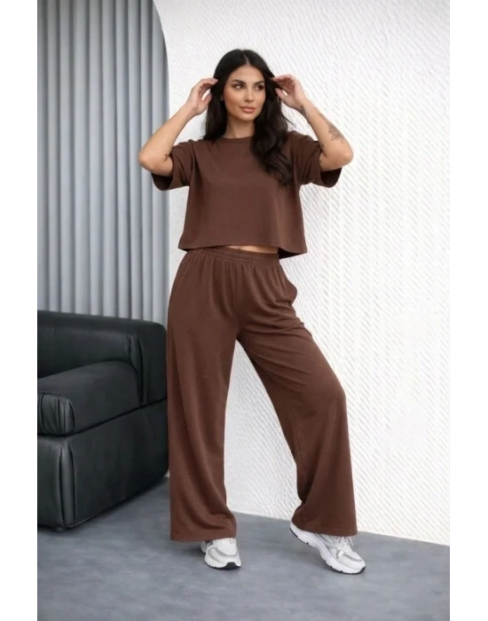 Osy odal Yumuşak Dokulu Şalaş Oversize İkili Takım Bol Paça Pantolonlu Rahat Günlük Takım  Kahverengi