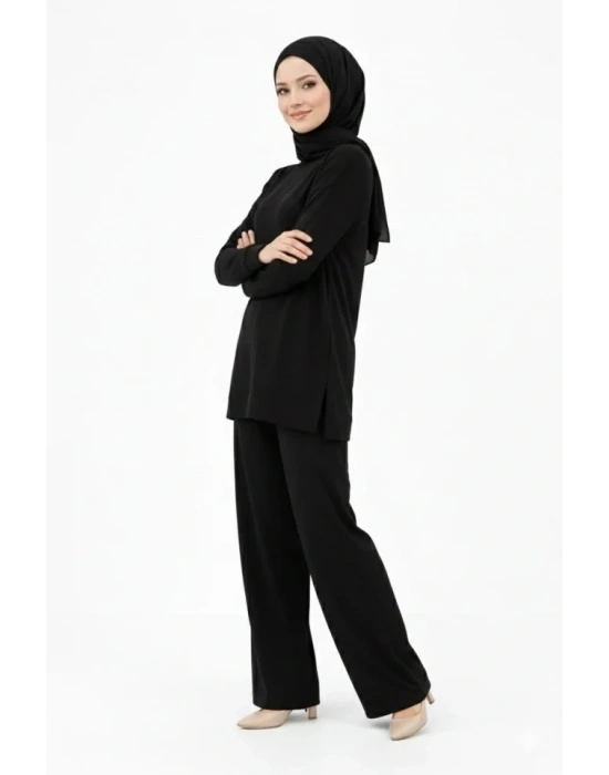 Osy odal Yumuşak Dokulu Tesettür İkili Takım Yan Yırtmaçlı Uzun Tunik Ve Düz Paça Pantolon, alaş Kalıp  iyah