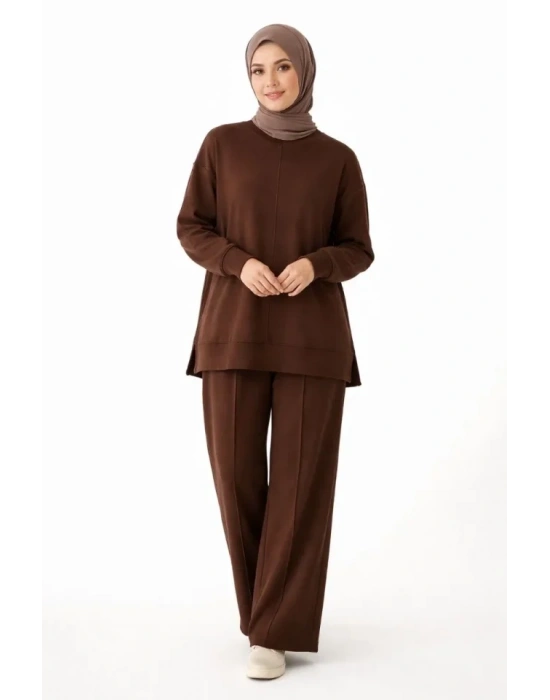 Osy odal Yumuşak Dokulu Tesettür İkili Takım Yan Yırtmaçlı Uzun Tunik Ve Düz Paça Pantolon, alaş Kalıp  Kahverengi
