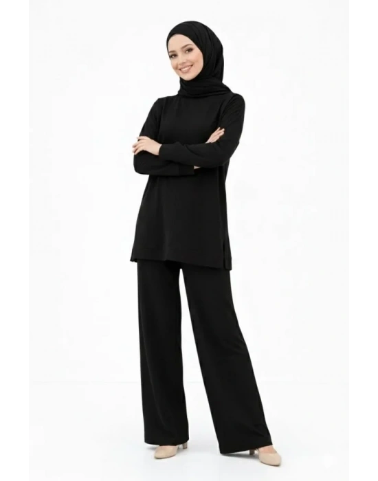 Osy odal Yumuşak Dokulu Tesettür İkili Takım Yan Yırtmaçlı Uzun Tunik Ve Düz Paça Pantolon, alaş Kalıp  iyah