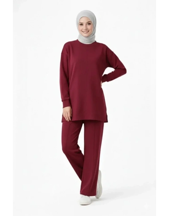 Osy odal Yumuşak Dokulu Tesettür İkili Takım Yan Yırtmaçlı Uzun Tunik Ve Düz Paça Pantolon, alaş Kalıp  Bordo