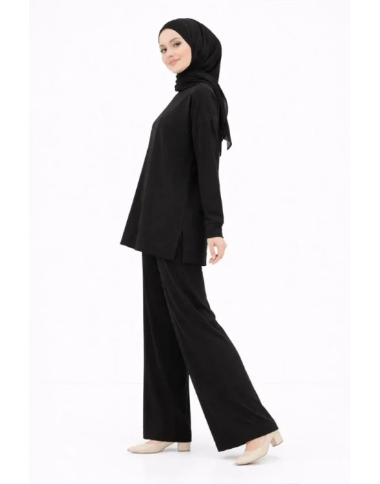 Osy odal Yumuşak Dokulu Tesettür İkili Takım Yan Yırtmaçlı Uzun Tunik Ve Düz Paça Pantolon, alaş Kalıp  iyah
