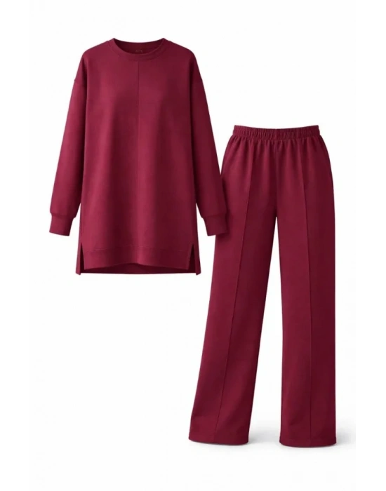 Osy odal Yumuşak Dokulu Tesettür İkili Takım Yan Yırtmaçlı Uzun Tunik Ve Düz Paça Pantolon, alaş Kalıp  Bordo