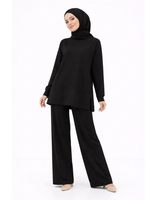 Osy odal Yumuşak Dokulu Tesettür İkili Takım Yan Yırtmaçlı Uzun Tunik Ve Düz Paça Pantolon, alaş Kalıp  iyah
