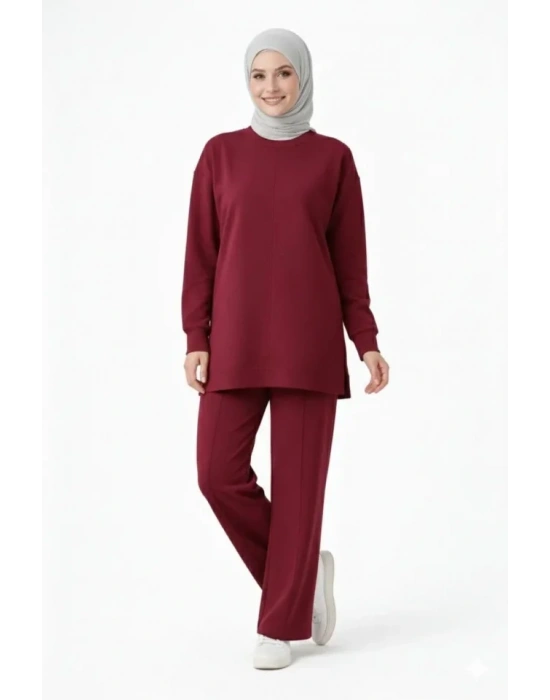 Osy odal Yumuşak Dokulu Tesettür İkili Takım Yan Yırtmaçlı Uzun Tunik Ve Düz Paça Pantolon, alaş Kalıp  Bordo