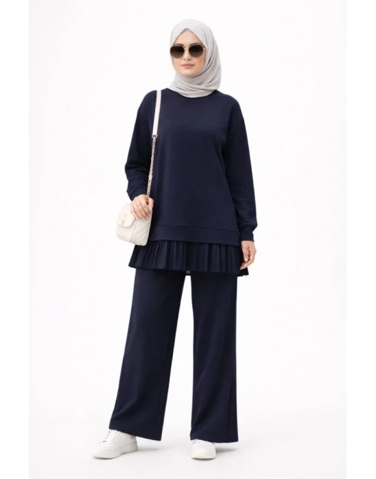 Osy odal Yumuşak Dokulu Tesettür Pliseli Takım Uzun Tunik Pantolon İkili Kombin  acivert