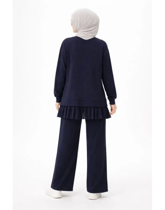 Osy odal Yumuşak Dokulu Tesettür Pliseli Takım Uzun Tunik Pantolon İkili Kombin  acivert