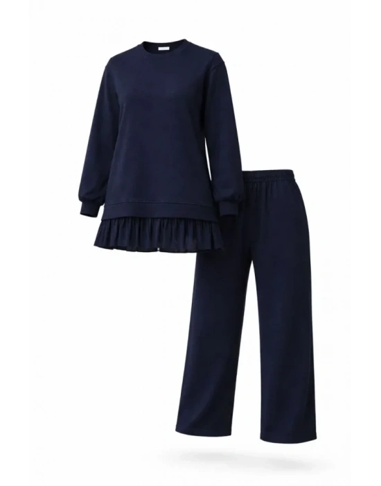 Osy odal Yumuşak Dokulu Tesettür Pliseli Takım Uzun Tunik Pantolon İkili Kombin  acivert