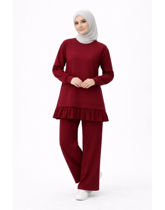 Osy odal Yumuşak Dokulu Tesettür Pliseli Takım Uzun Tunik Pantolon İkili Kombin  Bordo