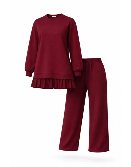 Osy odal Yumuşak Dokulu Tesettür Pliseli Takım Uzun Tunik Pantolon İkili Kombin  Bordo