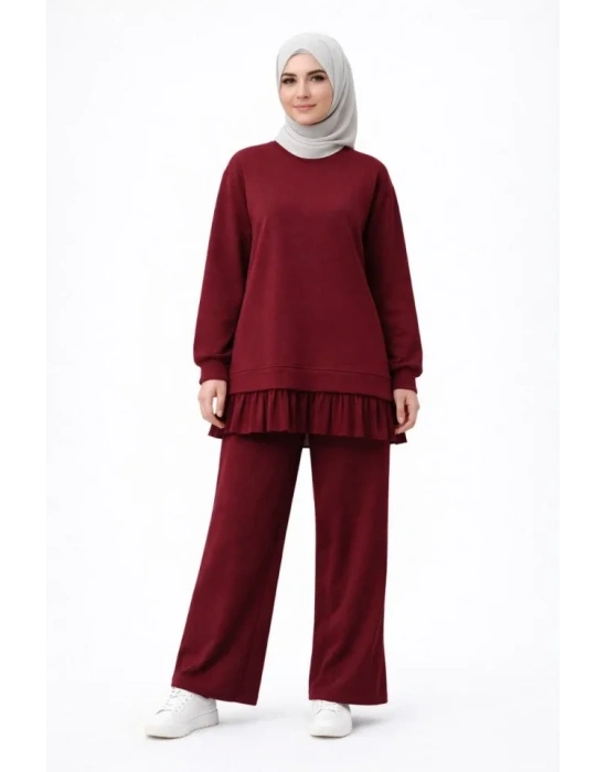 Osy odal Yumuşak Dokulu Tesettür Pliseli Takım Uzun Tunik Pantolon İkili Kombin  Bordo
