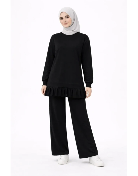 Osy odal Yumuşak Dokulu Tesettür Pliseli Takım Uzun Tunik Pantolon İkili Kombin  iyah