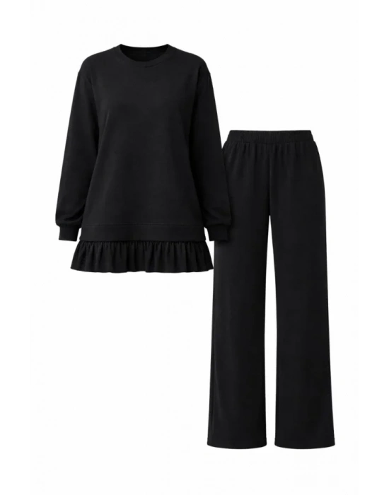 Osy odal Yumuşak Dokulu Tesettür Pliseli Takım Uzun Tunik Pantolon İkili Kombin  iyah