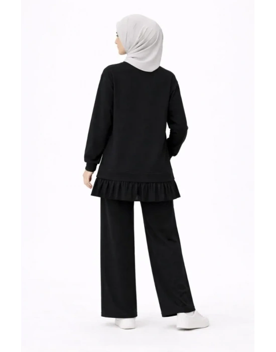 Osy odal Yumuşak Dokulu Tesettür Pliseli Takım Uzun Tunik Pantolon İkili Kombin  iyah