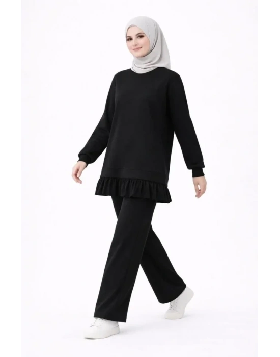 Osy odal Yumuşak Dokulu Tesettür Pliseli Takım Uzun Tunik Pantolon İkili Kombin  iyah