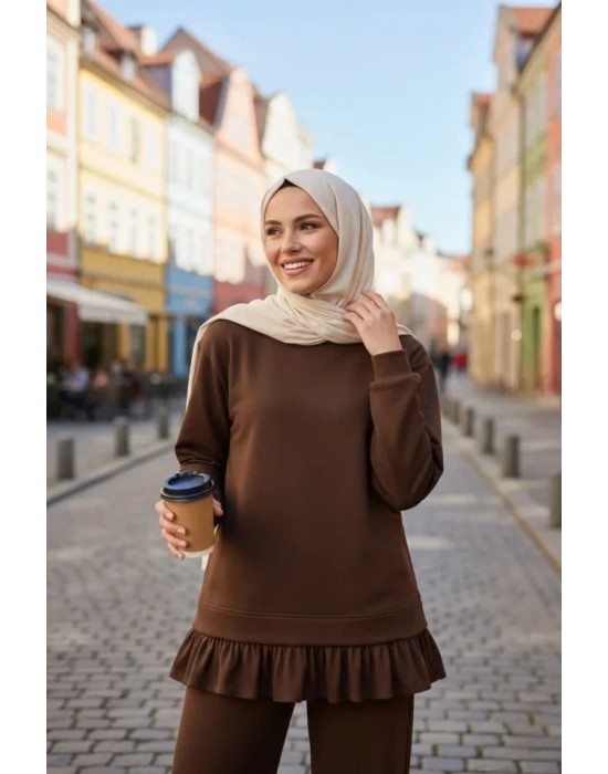 Osy odal Yumuşak Dokulu Tesettür Pliseli Takım Uzun Tunik Pantolon İkili Kombin  Kahverengi
