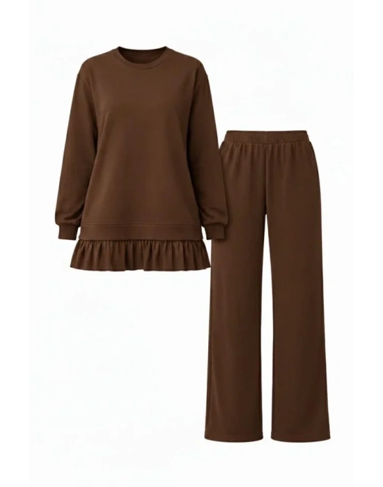 Osy odal Yumuşak Dokulu Tesettür Pliseli Takım Uzun Tunik Pantolon İkili Kombin  Kahverengi