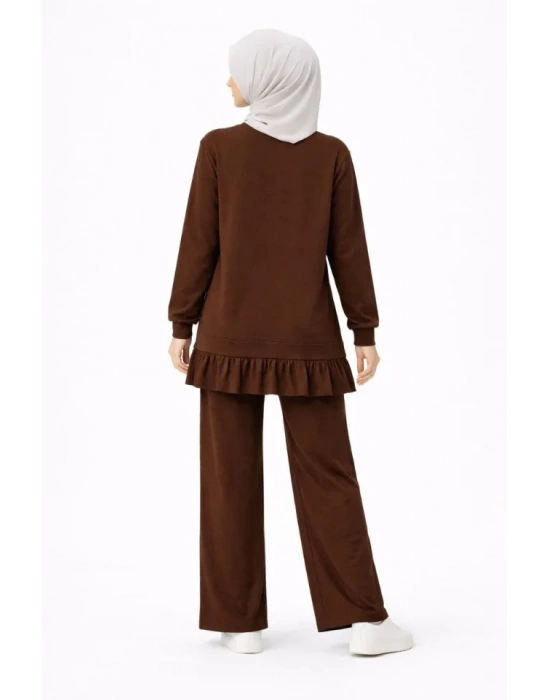 Osy odal Yumuşak Dokulu Tesettür Pliseli Takım Uzun Tunik Pantolon İkili Kombin  Kahverengi