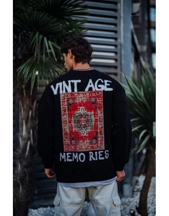 Oversize Bisiklet Yaka Üç İplik Baskılı weathirt  iyah