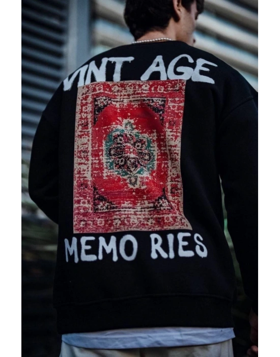 Oversize Bisiklet Yaka Üç İplik Baskılı weathirt  iyah