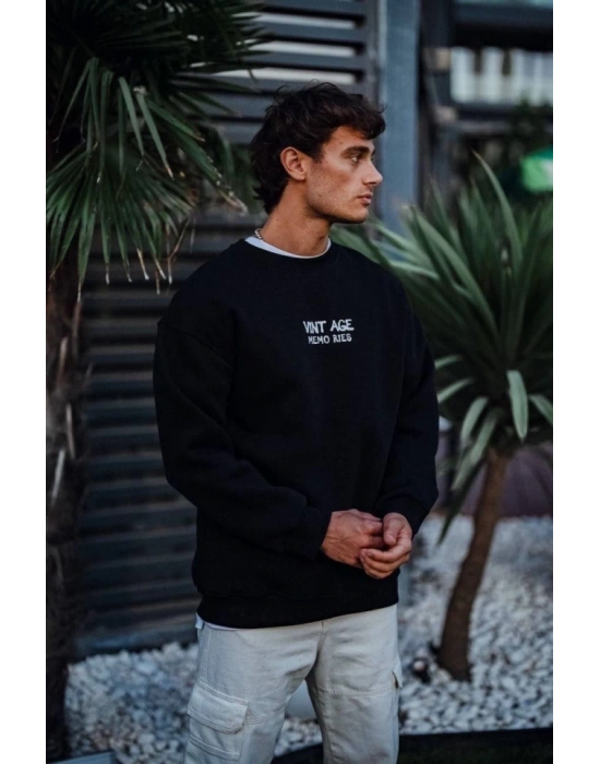 Oversize Bisiklet Yaka Üç İplik Baskılı weathirt  iyah