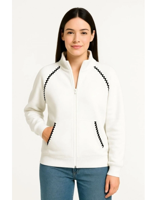 Oversize Dik Yaka Fermuarlı weatshirt  Zincir Nakışli Kanguru Cepli,  Beyaz