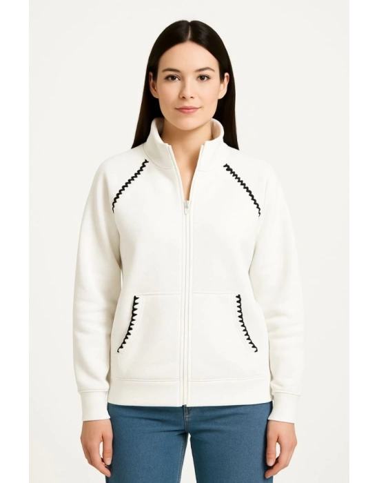 Oversize Dik Yaka Fermuarlı weatshirt  Zincir Nakışli Kanguru Cepli,  Beyaz