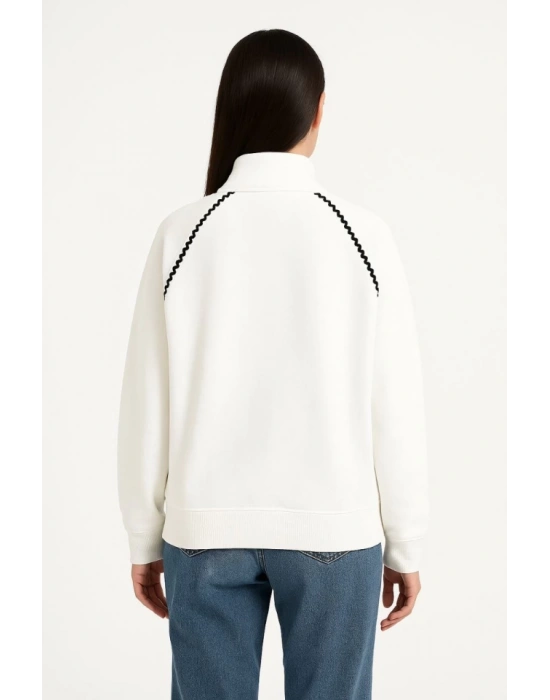 Oversize Dik Yaka Fermuarlı weatshirt  Zincir Nakışli Kanguru Cepli,  Beyaz
