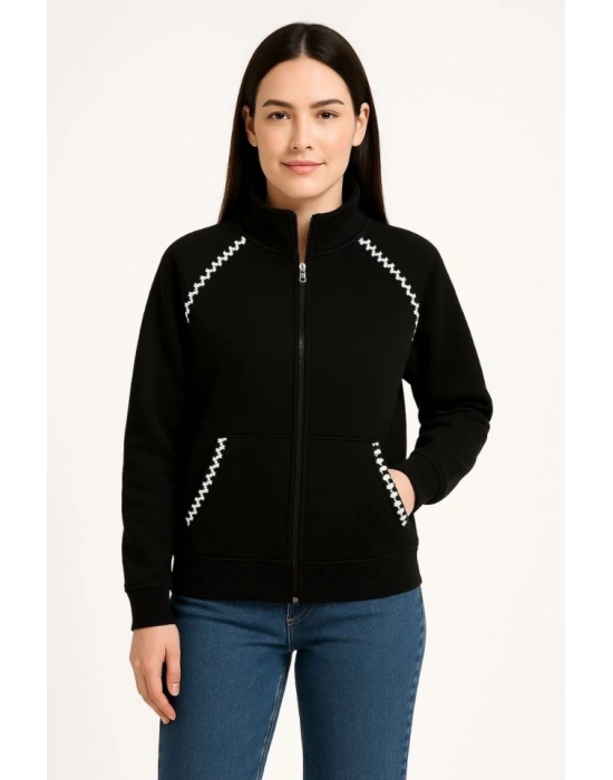 Oversize Dik Yaka Fermuarlı weatshirt  Zincir Nakışli Kanguru Cepli,  iyah