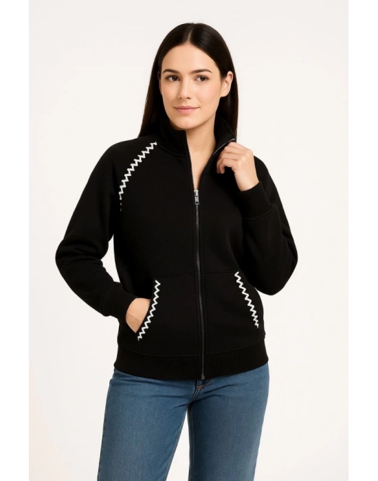 Oversize Dik Yaka Fermuarlı weatshirt  Zincir Nakışli Kanguru Cepli,  iyah