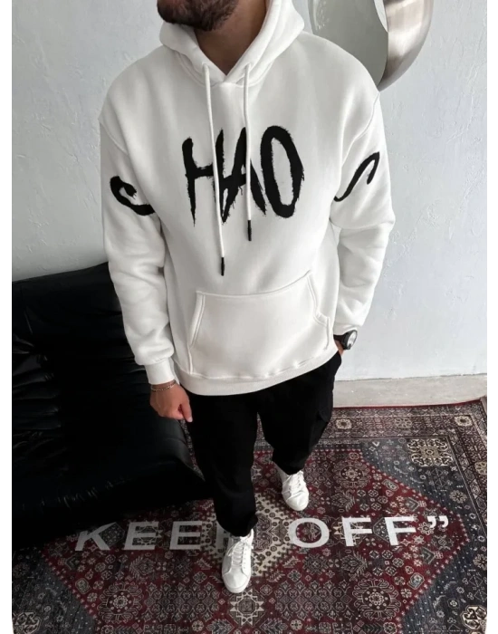 Oversize Kapşonlu Baskılı weathirt  Beyaz