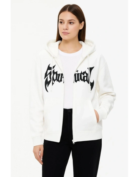 Oversize Kapüşonlu weatshirt Hoodie 3 İplik Şardonlu Pamuklu Kumaş, Önü Baskılı, Fermuarlı Rahat Kalıp, Kışlık Ve okak tili weat  Beyaz